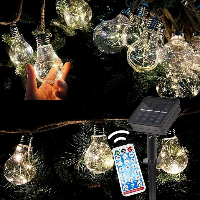 30FT Solar String Lights Outdoor Waterproof with Remote, 20 Edison Shatterproof Bulbs String Lights for Outside, Hemp Rope Solar Powered Lights with 8 Modes for Fence Tree Cafe Bistro Party