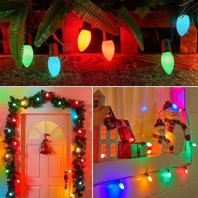 Minetom Outdoor Christmas Lights, 100 FT Vintage Multicolor C9 Christmas String Lights for Christmas Holiday Indoor Room Roofline Backyard Garden Patio Home Decor, E17 Base, Green Wire
