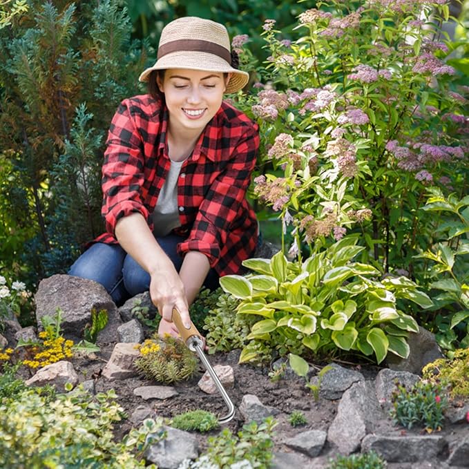 Happyyami Hand Weeding Weeder Tools Garden with Handle Edging Tool Pulling Tool Beech Handle Lawn Yard Gardening Tool Garden Hand Cultivator Hand Tiller Weeder