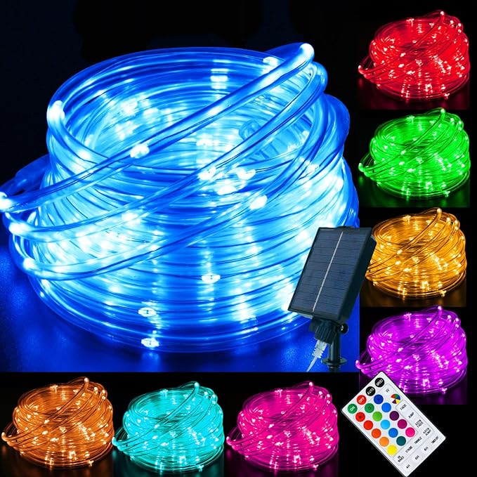 18 Colors 33FT Solar Rope Lights Outdoor Waterproof LED, Color Changing 100 LED Rope Lights Blue Green Pink Fairy String Tube Lights Remote Timer for Trampoline Garden Fence Tree Party Christmas Decor