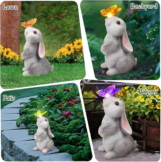 Garden Statue Outdoor Decor-Rabbit with Solar Butterfly Changing Lights Garden Statues,Bunny Statue for Patio,Balcony,Yard,Lawn Ornament,Gardening Gifts for Mom Grandma