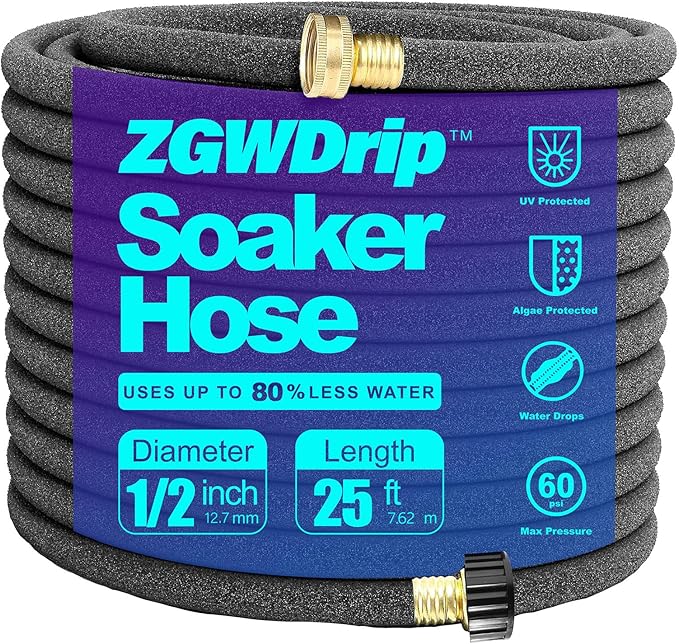 Soaker Hose 25 FT,1/2 Inch Soaker Garden Hose with 3/4" Solid Brass Connectors