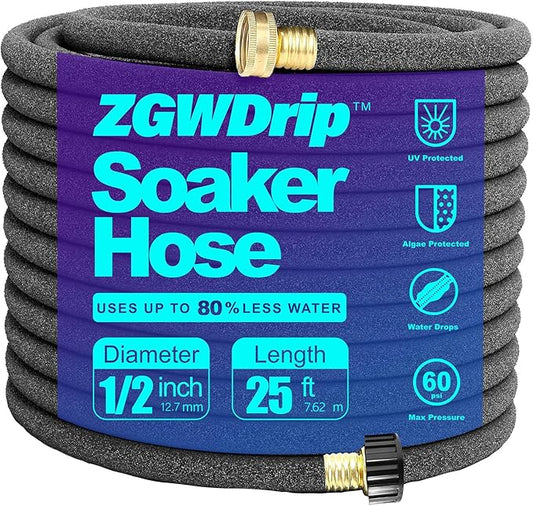 Soaker Hose 25 FT,1/2 Inch Soaker Garden Hose with 3/4" Solid Brass Connectors