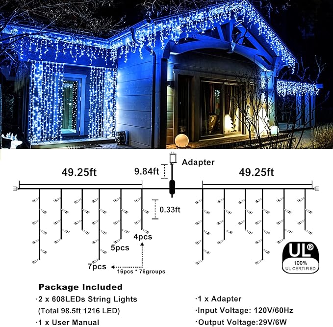 Christmas Icicle Lights Outdoor, 98FT 1216 LED Icicle String Lights with 8 Modes 228 Drops, Curtain Twinkle Lights for Bedroom House Holiday Party Wedding Decorations, Blue