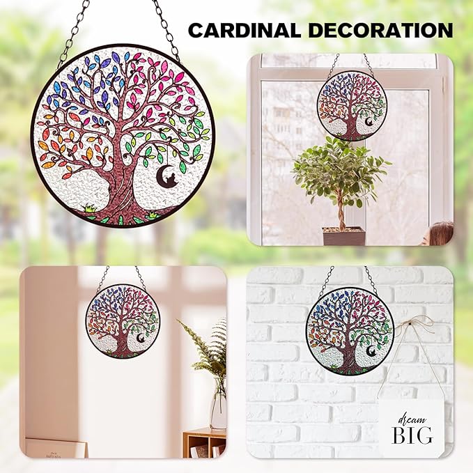 Artificial Trees of Life Suncatchers for Home Decorative Hanging Ornaments with Stick Hook for Window Hanging Hand-Painted Fake Plants Tree&Cat Memorial Gifts for Women 6.3'' * 6.3''