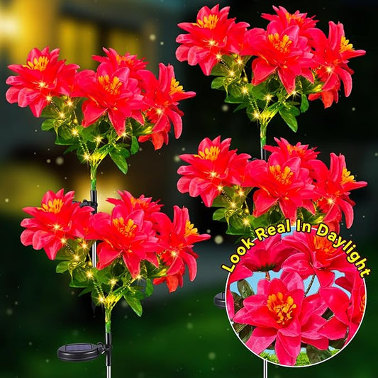 Neporal Solar Flowers Outdoor Waterproof Pink, 4PK 7-Stem Garden Solar Lights Decorative, 2 Lighting Modes, Solar Powered Garden Decor, Solar Yard Decor