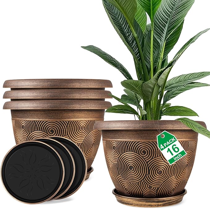 16 Inch Large Planter Pot for Plants Indoor Outdoor, 4 Pack Plastic Flower Pots with Drainage Hole & Tray, Modern Decorative Garden Pot with Saucer, Plant Container for House