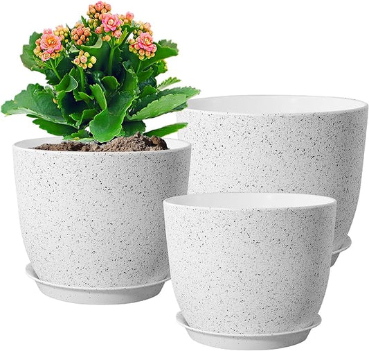 10/9/8 inch Medium Plant Pots, Set of 3 Modern Decorative Plastic Planters with Drainage Holes and Saucers for Garden House Plants, Flower Pots for Indoor Outdoor Plants, Speckled White