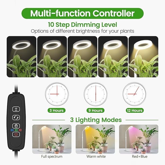 Grow Lights for Indoor Plants, Red Blue Yellow Full Spectrum Desktop Small LED Halo Plant Growing Lamps with Stand,Automatic Timer,24.2 inch Height Adjustable,10 Dimmable Levels,3 Lighting Modes,Mini
