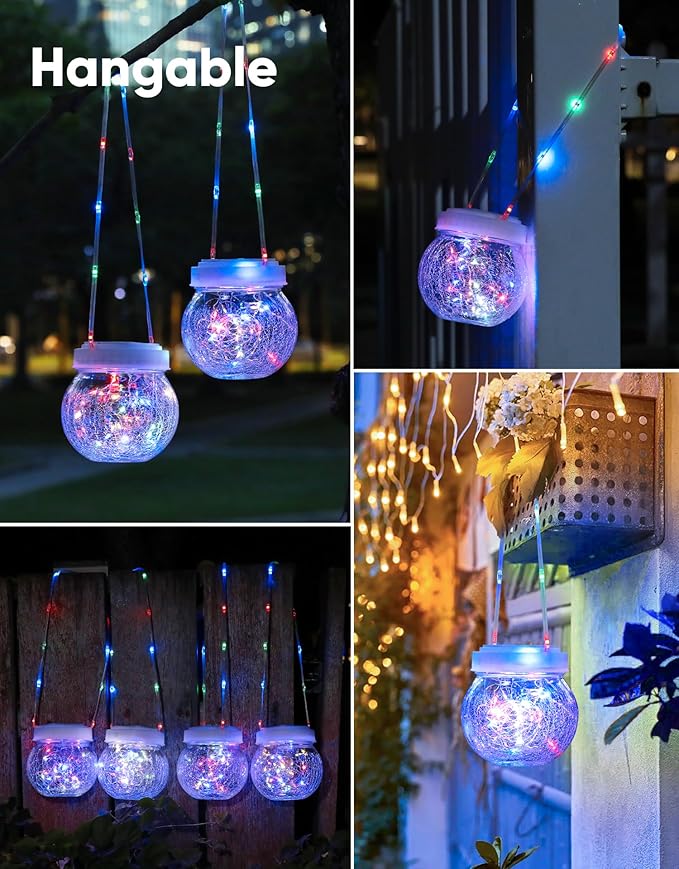 Solar Lantern Solar Lights Outdoor Waterproof 6-Pack, Solar Powered Hanging Lights Cracked Glass Hanging Globes for Christmas Decoration, Shepherd Hook, Garden Tree Ornaments,White Cap, Multi-Color