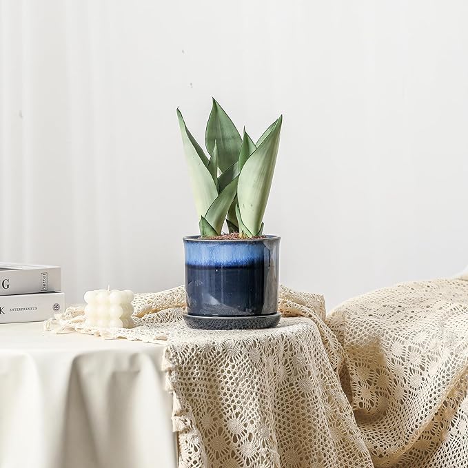 6 Inch Plant Pot: Ceramic Planter with Drainage Hole & Saucer - Gradient Blue Flowerpot for Indoor & Outdoor Plants with Separate Tray