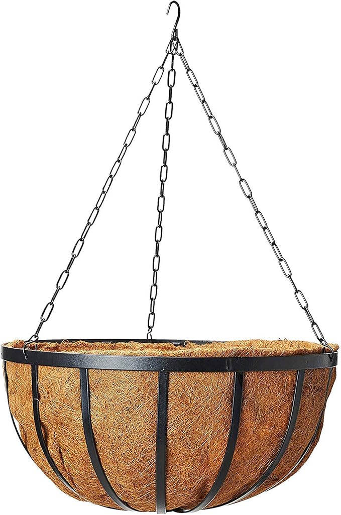 Arcadia Garden Products Round Planter, 16-Inch 1592 Solstice Series Coconut Hanging Basket, Black