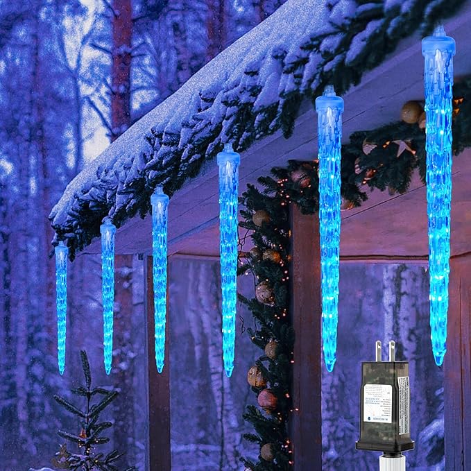 Christmas Icicle Lights Outdoor, 10Ft. Meteor Shower Lights with 10 Large Icecycles, Snowfall Shooting Star Light Effect, Falling Crystal Christmas Decorations for House Eave Roofline Patio, Blue