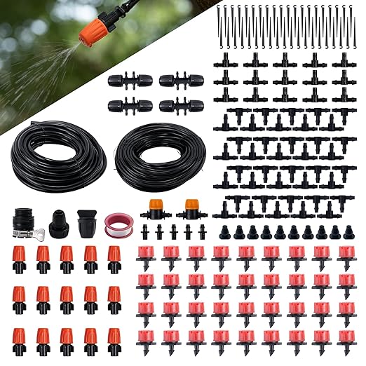 Drip Irrigation System Kit - 132FT/40M + 33FT/10M Hose, DIY Automatic Water Saving, Garden Watering System with 4/7mm and 8/11mm Tubing - Ideal for Gardens, Greenhouses, Lawns, and Patios