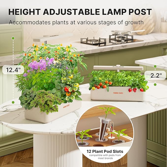 Hydroponics Growing System Kit 12 Pods, 24W LED Grow Light Indoor Garden, 4L Water Tank with Quiet Pump, Adjustable Height Herb Garden Planter Indoor Kit, Gardening Gifts, Beige