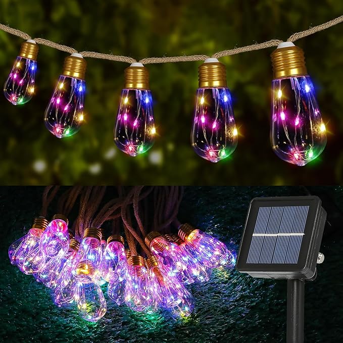 Solar Outdoor String Lights 24FT Vintage Rope Hemp Solar Lights with 20 Shatterproof Bulbs,8 Modes Solar Powered String Lights with Memory Function, Waterproof for Garden,Camping,Café(Multicolor)