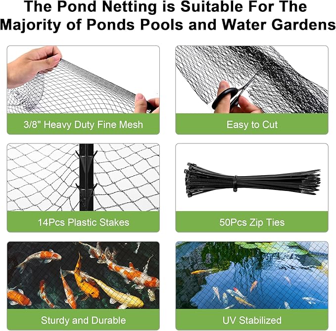 Pond Netting, Pond Netting for Koi Ponds 14 x 14 FT Pond Net, Heavy Duty Woven Fine Mesh Pond Garden Pool Netting Kit for Leaves to Catch Leaves and Debris, Protects Koi Fish from Birds Cats Predators