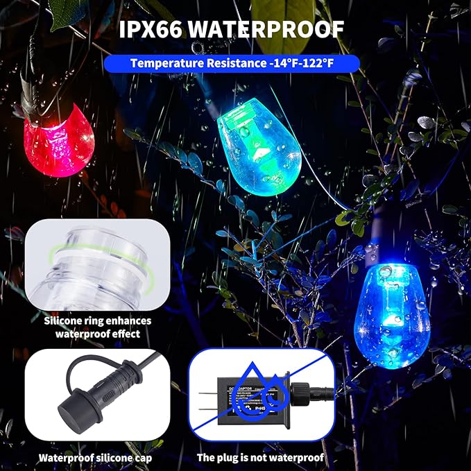 Outdoor String Lights 27FT, Outdoor Lights for Patio with 10 Dimmable RGBW LED Bulbs, IP66 Waterproof Shatterproof, with APP Control & Remote, 24V Adapter Color Change,for Backyard Decor