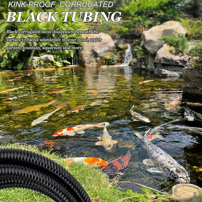 Pond Tubing 3/4” × 20ft- Black Corrugated Flexible PVC Hose, Kinkproof & Strong for Garden Ponds, Waterfall Sump Pump Pond Hose