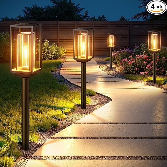 WdtPro Solar Pathway Lights Outdoor Waterproof, 2X Bigger & Brighter Yard Lights, Over 12 Hours Double-Layer, Auto On/Off, Landscape Lighting for Yard Patio Walkway Driveway,Warm White, 4 Pack