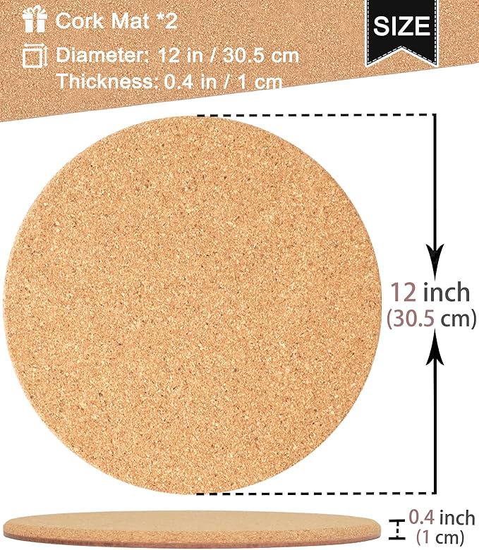 Cork Plant Coasters, Double Layers Hard Thick Cork Planter Coaster, 12 Inch Absorbent Cork Plant Mats, Cork Trivets for Hot Dishes, Cork Plant Coasters for House Plants, 2 Pcs