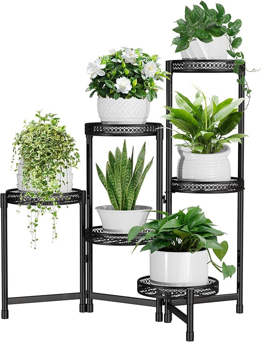 6 Tier Metal Plant Stand Indoor,31.5in Tall Corner Plant Stands Outdoor,Black Folding Tiered Flower Display Holder Rack Shelf Patio Garden Multiple Plants