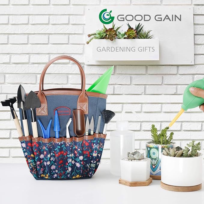 G GOOD GAIN Garden Succulent Kit with Organizer Bag, Indoor Mini Hand Gardening Tool Set, 14 Pieces Tools for Bonsai Planter Miniature Fairy Planting Care(Blue)
