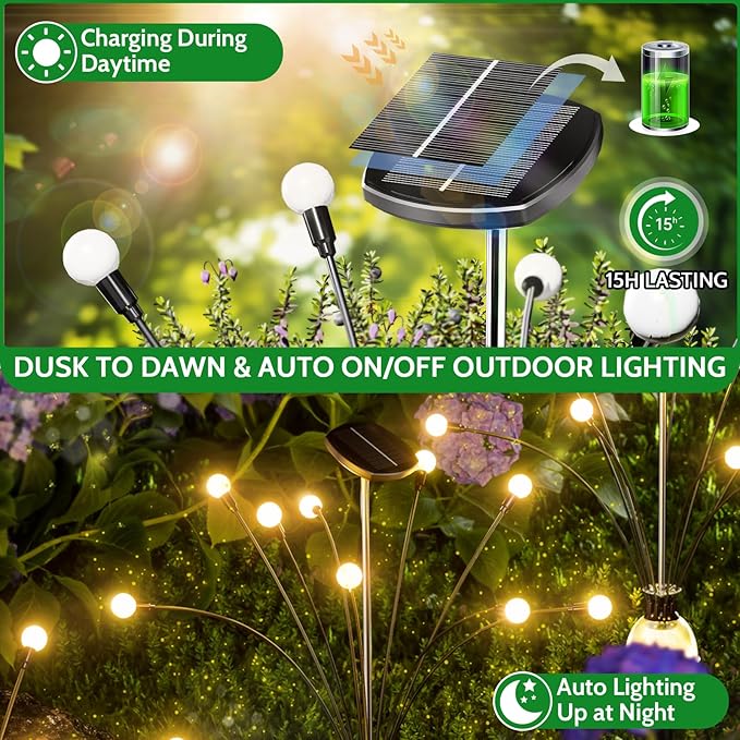 AOSEA 4 Pack Larger Bulbs Solar Garden Lights Outdoor, Solar Firefly Lights Fairy Swaying by Wind for Outside, IP67 Waterproof, for Patio Garden Yard Walkway Sidewalk, Black