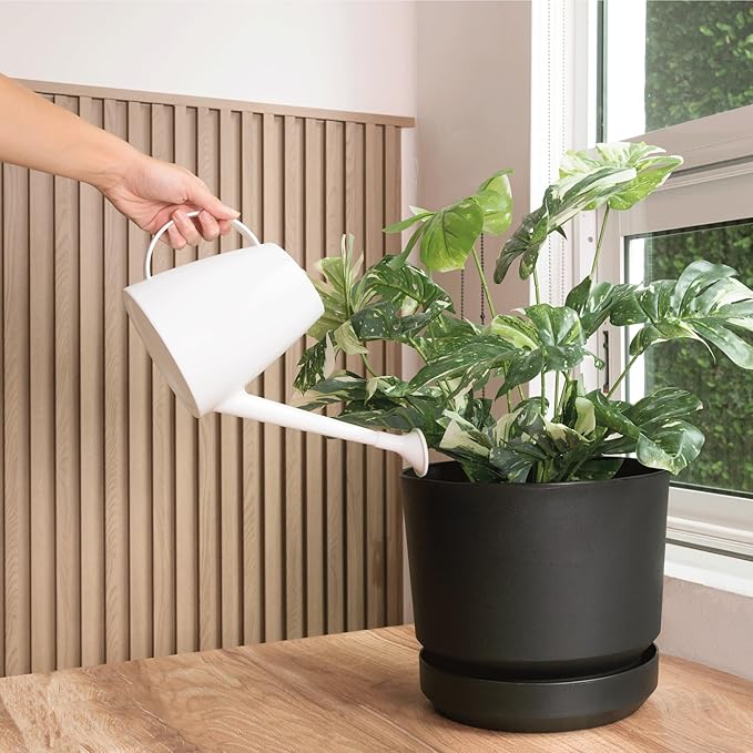 Elly Décor 12 inch Plastic Cylinder Planter Pot with Self-Watering Saucer and Drainage Hole,Lightweight & Extremely Durable, 12"x 12", Black