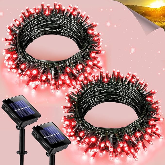 2 Pack Solar String Lights for Outside, Each 40Ft 120 LED Solar Lights Outdoor, 8 Modes Waterproof Solar Powered Twinkle Light for Backyard Patio Tree Party Garden Wedding Decoration, Red