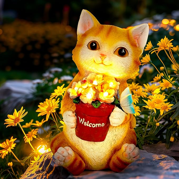 GIGALUMI Solar Garden Decor Flower Pot Cat Statues Outdoor, Birthday Gifts for Women, Gifts for Mom Grandma Senior Elder, Elephant Ornament for Balcony, Garden, Patio, Yard, Lawn