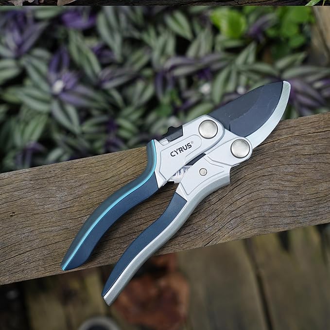 CYRUS Pruning Shears for Gardening 8" Pruners Trimming Scissors Ratchet Wheel Effortless Pruning Non Stick Coating Blade with Anti Slip Handle Scissors Widely Used for Gardening, Hydrology, Grow Tents