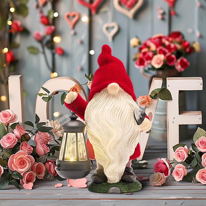 TERESA'S COLLECTIONS Valentines Gnomes for Outside, Resin Gnome Decorations with Solar Outdoor Lights for Garden Decor, Red Christmas Garden Sculptures & Statues for Patio, Gifts for Mom