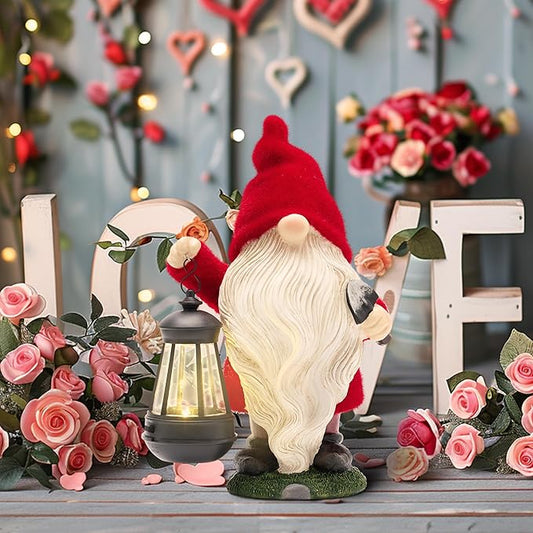 TERESA'S COLLECTIONS Valentines Gnomes for Outside, Resin Gnome Decorations with Solar Outdoor Lights for Garden Decor, Red Christmas Garden Sculptures & Statues for Patio, Gifts for Mom