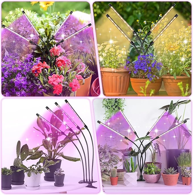 LED Grow Lights, 4 Heads Red Blue White Full Spectrum Plants Lights with Clamp for Indoor Plants & Seed Starting, 10-Level Dimmable, Auto On Off, Timing 4 9 12Hrs