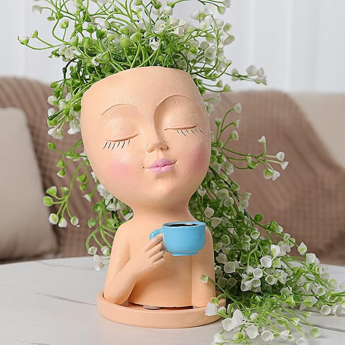 Face Pot for Plants, with a Base,Face Flower Pot for Indoor Outdoor Plants Resin Succulent Planter with Drainage Hole Cute Lady Face Plant Pots（Lignt Orange）