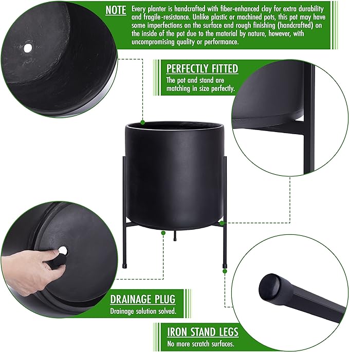 D'vine Dev Modern Black Plants Pot Cylinder Planter with Heavy Duty Stand, X-Large 14 Inch Pot, 19.6 Inch with Stand Height, 96-T-B-4