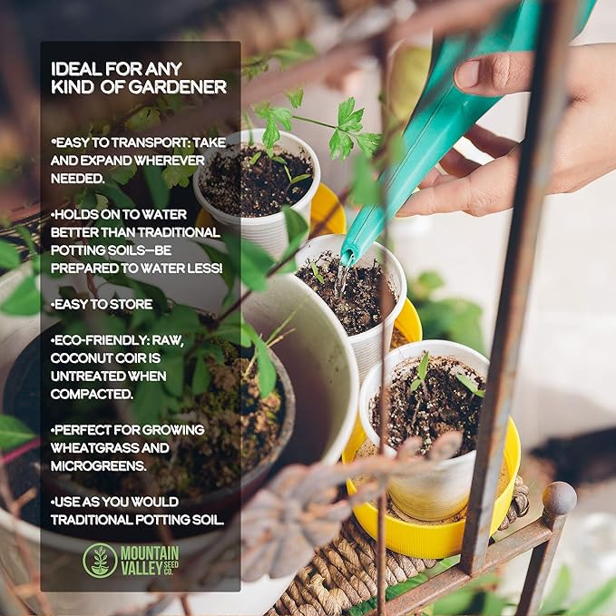 Minute Soil - Compressed Coco Coir Brick, Fiber Grow Medium, Potting Soil Indoor Plants and Outdoor Plants, 1 Block = 15 Gal Planting Soil, Peat Free OMRI Organic, Mountain Valley Seed Company