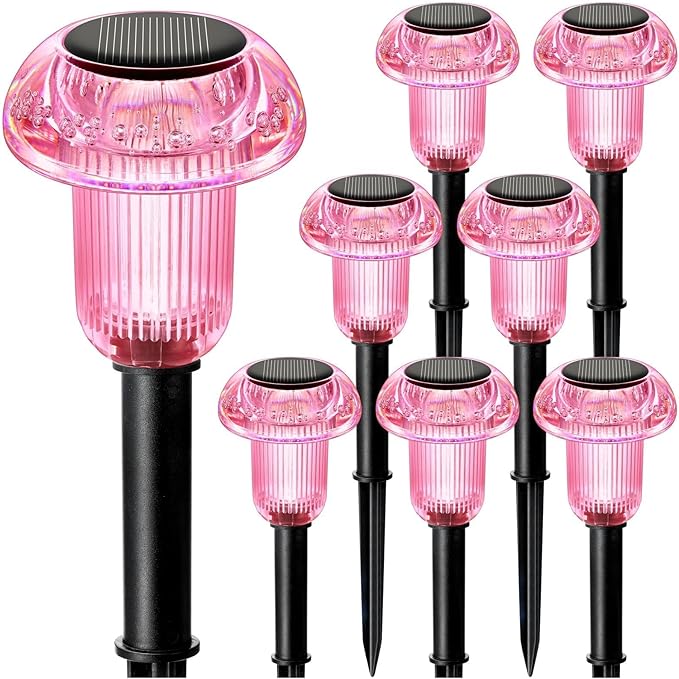 Solar Lights Outdoor Pathway Lights 8 Pack LED Waterproof Purple Mushroom Shape for Garden Driveway Walkway Landscape Path Lawn Yard Decor