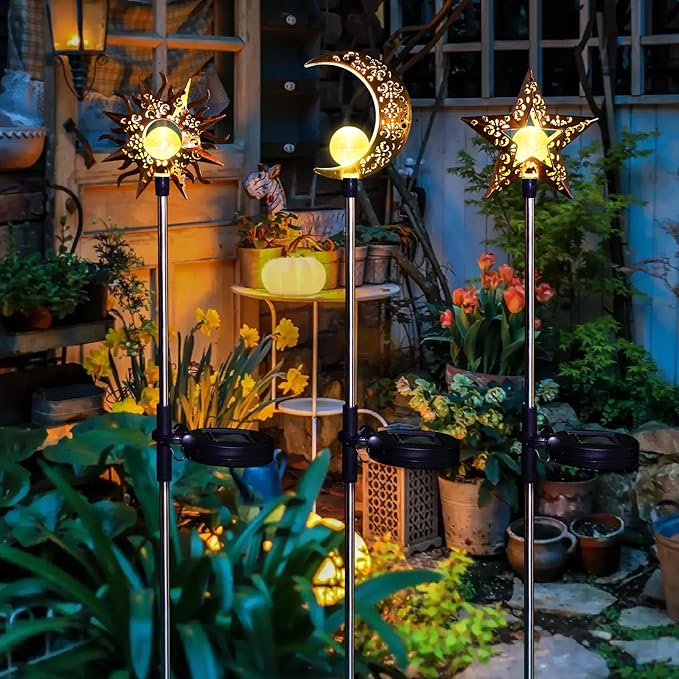 Tryme Solar Lights Outdoor Garden Decorations Sun Moon Star Stake Light Decorative Waterproof Warm White LED Yard Decor for Pathway Lawn Patio Courtyard Backyard