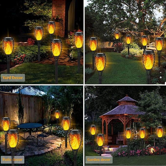 8 Pack Solar Tiki Torches, Flickering Flame Garden Decor, Waterproof LED Torches for Outside Patio Yard (Yellow)