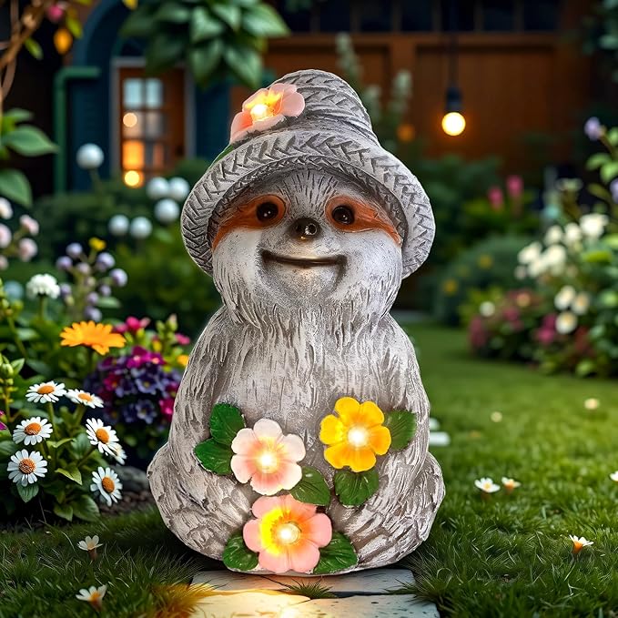 Solar Garden Outdoor Statues Sloth with 4 LED Lights,Lawn Decor Sloth Statue for Patio,Balcony,Yard,Lawn Ornament,Unique Gifts for Mom Grandma