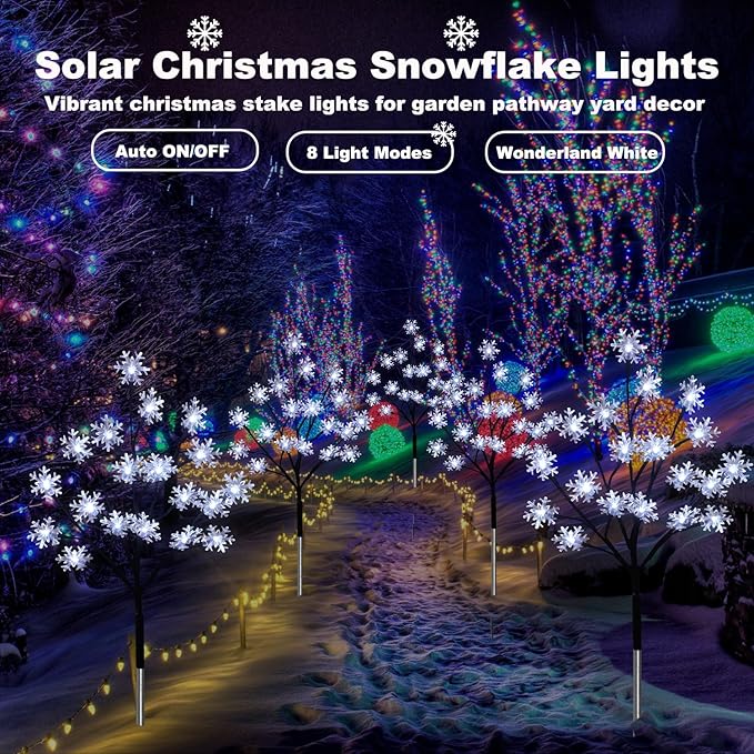 4-Pack 80LED Solar Snowflake Stake Lights - 8 Modes, Waterproof Outdoor Christmas Decorations for Garden, Yard, Pathway, Walkway