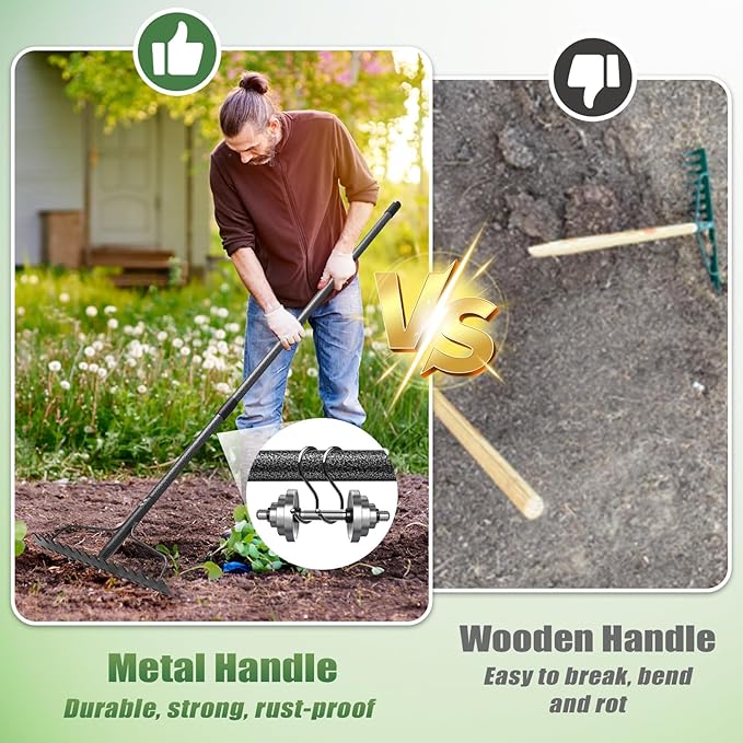 Garden Rake, 6FT Bow Rake Heavy Duty Leveling Rake with Adjustable Handle, 17 Tines Wide Head Metal Thatch Rake for Gardening Leaves Lawn Yard Mulch Rake