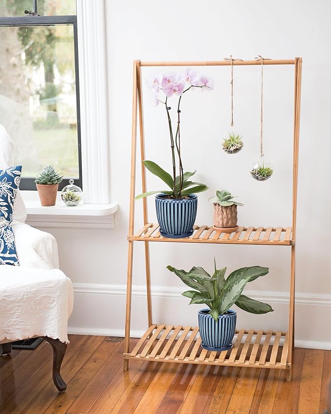 Oairse Ceramic Pots for Indoor Plants, 4.9 +5.7 inch Pots for Plants Set of 2 Blue Plant Pots with Drainage Holes and Saucers Texture Ceramic Planters Indoor Outdoor Flower Pots for Succulent