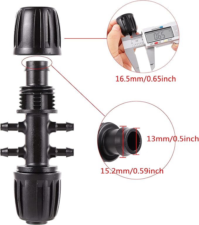 Barbed Tee 1/2 Inch to 1/4 Inch Irrigation Tube Fittings for (1/2'' ID x 0.60''-0.63'' OD) 16mm Drip Tubing Anti-Drop Barbed Connectors,6-Way-10 Pcs