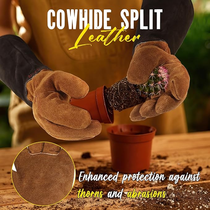 HANDLANDY Ladies Leather Gardening Gloves, Thorn Proof Women Long Rose Gloves (Black-brown, Medium (Pack of 1))