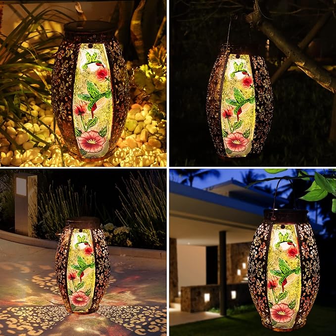 Outdoor Solar Lantern-Waterproof Hummingbird Hanging Metal Decorative Lights for Patio Table Garden Pathway Yard with Super Bright Warm White LED, Large Solar Panels, Auto On/Off