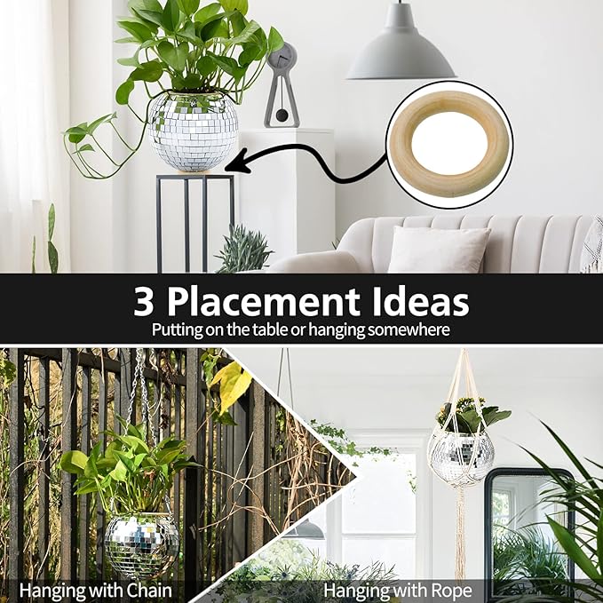 4"/6"/8"/9"/10" Disco Ball Planter, Disco Ball Plant Hanger with Hanging Rope, Hanging Chain, Hook, Circle and Extra Mirror Pieces (6" Silver, 1pcs)