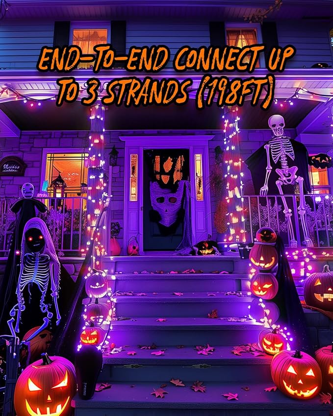 Minetom 196FT Purple & Orange Halloween Lights, 600 LED Halloween Fairy String Lights with 8 Modes, Plug in Orange Purple Hanging Twinkle Lights for Party Garden Bedroom Halloween Decorations